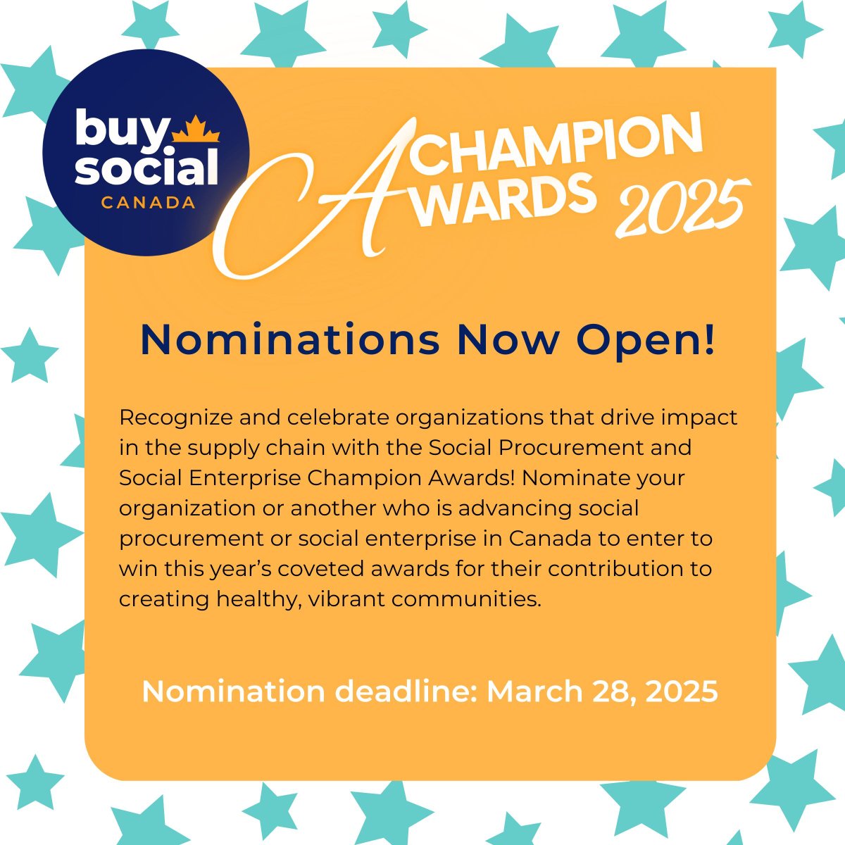 Recognize and celebrate Canadian organizations that drive impact in the supply chain and nominate your organization or another for a 2025 Social Procurement or Social Enterprise Champion Award.

Learn more: buff.ly/3EBDIBS