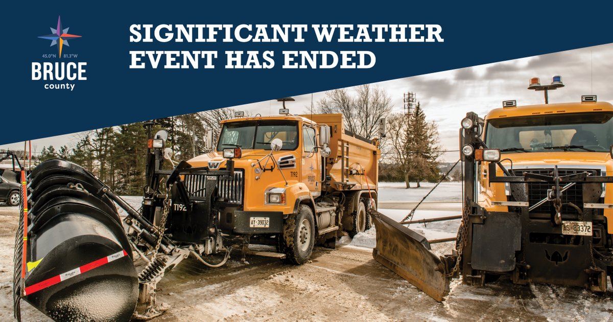 UPDATE: The Significant Weather Event in Bruce County has ended. Caution should still be observed as regular maintenance activities are still occurring to return the highway conditions to a state of repair >> brucecounty.on.ca/road-conditions