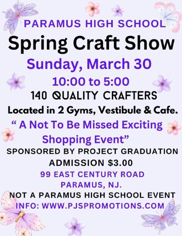 Paramus_Schools's tweet image. The #PHS #SpringCraftShow, sponsored by #ProjectGraduation, is scheduled for Sunday, March 30 from 10 a.m. to 5 p.m. Browse through 140 quality crafters for only $3 admission. Mark your calendars today! 🗓️🧶🎨🕯️🍪

#paramuspride #phscraftshow #craftshow #phsprojectgraduation