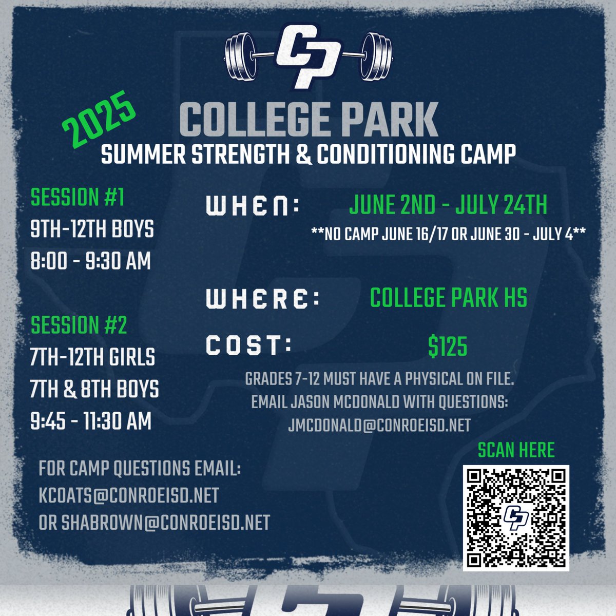 STRENGTH AND CONDITIONING CAMP DATES SET!

WHEN: JUNE 2 - JULY 24

WHERE: COLLEGE PARK

COST: $125

Let's get after it and get better this summer!

conroeisd.schoolcashonline.com/Fee/Details/61…

#WeAreCP #TDE #FAM1LY