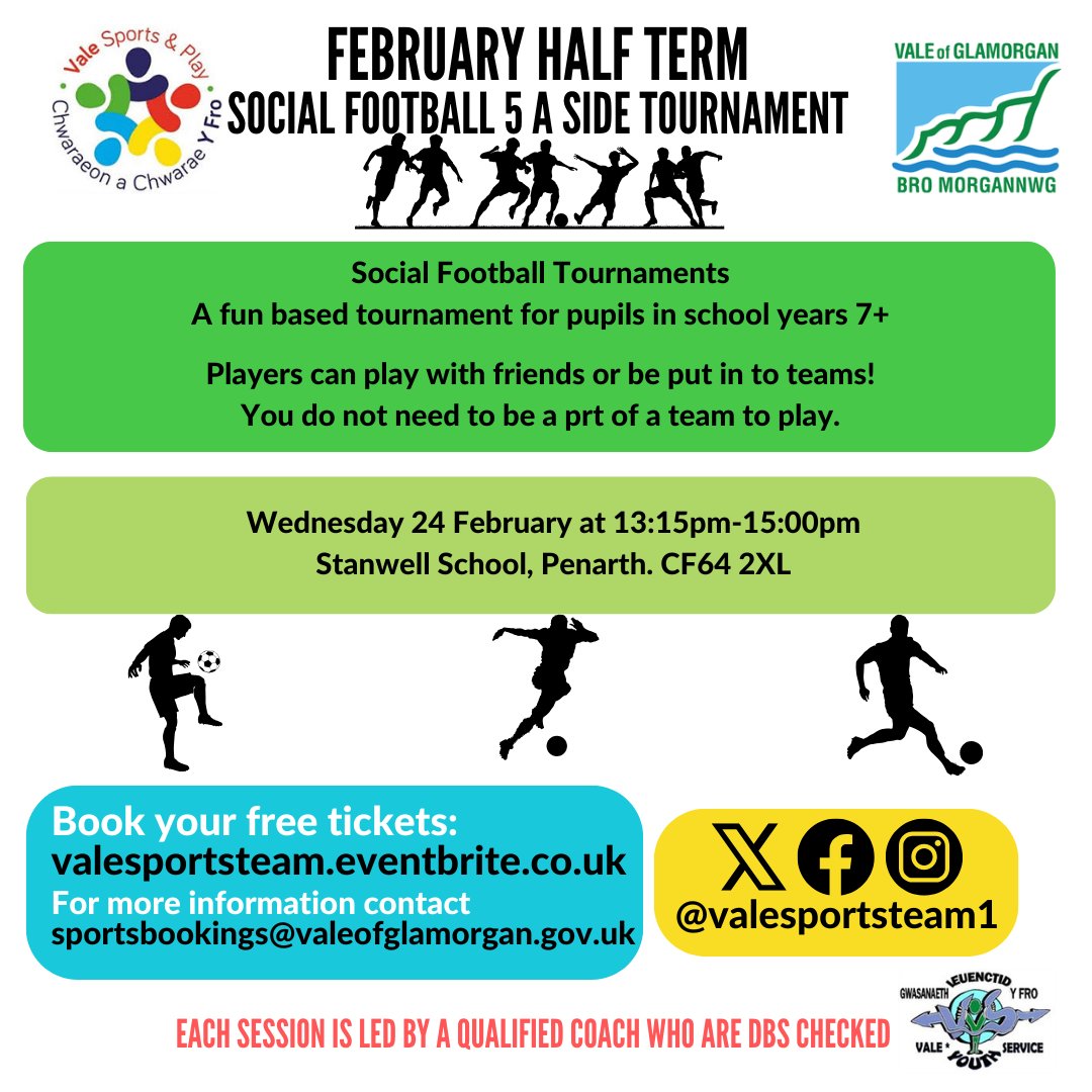 Still spaces available for our football tournament next week! ⚽️

Register in advance! ✒️valesportsteam.eventbrite.co.uk

Llefydd dal ar gael ar gyfer ein twrnamaint pêl-droed wythnos nesaf! ⚽️

Cofrestrwch o flaen llaw! ✒️valesportsteam.eventbrite.co.uk