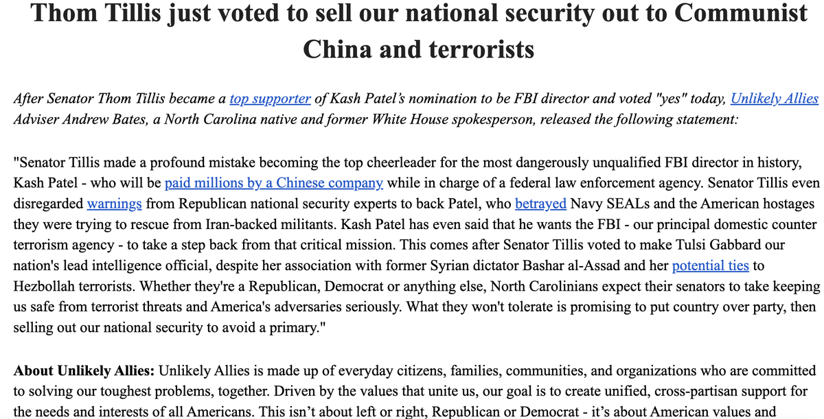 AndrewBatesNC's tweet image. Statement: @ThomTillis "made a profound mistake becoming the top cheerleader for the most dangerously unqualified FBI director in history, Kash Patel - who will be paid millions by a Chinese company while in charge of a federal law enforcement agency." #ncpol