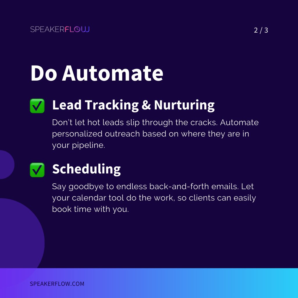 SpeakerFlow's tweet image. 🤖 Automation: The secret weapon that can supercharge your thought leadership business – but only if you’re automating the right things! 🚀

But beware… Not everything should go on autopilot! 🚨

Here’s what we think you should be automating and should NOT be. 🙌

#speaker