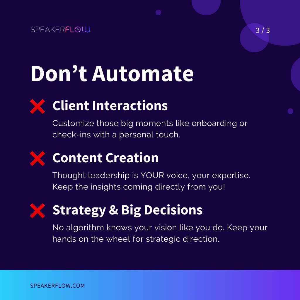 SpeakerFlow's tweet image. 🤖 Automation: The secret weapon that can supercharge your thought leadership business – but only if you’re automating the right things! 🚀

But beware… Not everything should go on autopilot! 🚨

Here’s what we think you should be automating and should NOT be. 🙌

#speaker