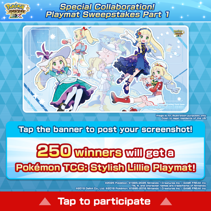 PokemonMasters's tweet photo. 🎁 Special Collaboration! Playmat Sweepstakes Part 1 🎁

Follow, then tap this image to post a pic of the victory screen showing a team with the three sync pairs from Special Kick-Start Event Strong and Reliable Friends using #LilliePlaymat2025, #PokemonMasters, and #PokemonTCG.