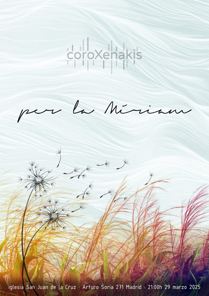 Va a ser un concierto muy especial. Por ella, per la Miriam. 🖤
Recordad:
🗓Sábado 29 de marzo. 21h
📍Parroquia de San Juan de la Cruz. Arturo Soria 271, Madrid.

Diseño: @_marta_dt_ (IG)