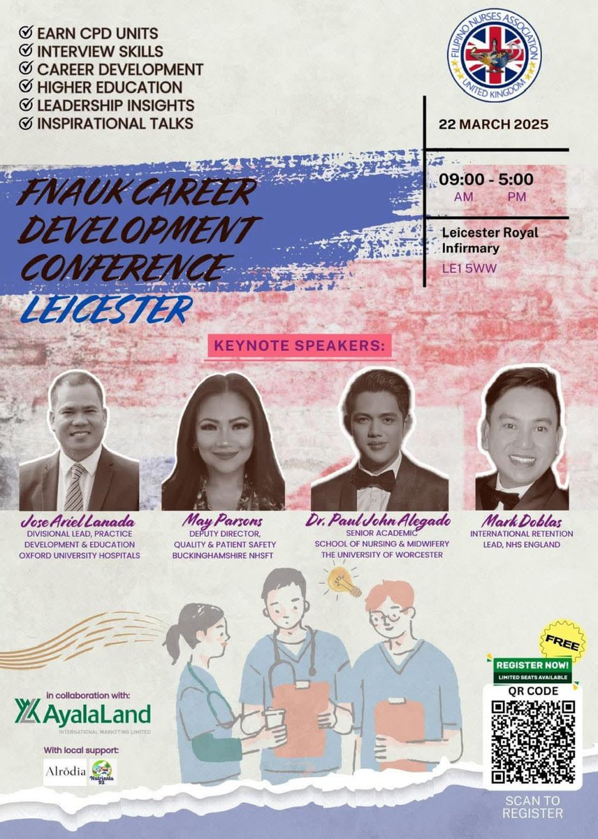 CALLING ALL NURSES IN THE MIDLANDS!
🎉 Join us for the FNA-UK Career Development Conference! 🎉

📅 Date: March 22, 2025
📍 Venue: Leicester Royal Infirmary LE1 5WW
⏰ Time: 9:00 AM - 5:00 PM

Register for FREE &amp; scan the QR code now!