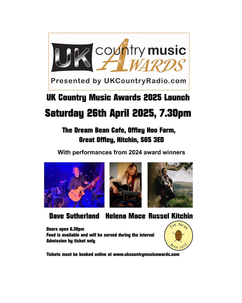 UKCountryMusicAwards (@ukcmawards) on Twitter photo The UK Country Music Awards 2025 will launch on Saturday 26th April
Join us at The Dream Bean Cafe, Great Offley, Hertfordshire for our launch event featuring performances from 2024 winners:
Helena Mace
<a href="/Russel_Kitchin/">Russel Kitchin Music</a>
<a href="/thedavesutherl1/">Dave Sutherland</a>
Tickets here 👇
buff.ly/4k9RLi1 The UK Country Music Awards 2025 will launch on Saturday 26th April
Join us at The Dream Bean Cafe, Great Offley, Hertfordshire for our launch event featuring performances from 2024 winners:
Helena Mace
<a href="/Russel_Kitchin/">Russel Kitchin Music</a>
<a href="/thedavesutherl1/">Dave Sutherland</a>
Tickets here 👇
buff.ly/4k9RLi1