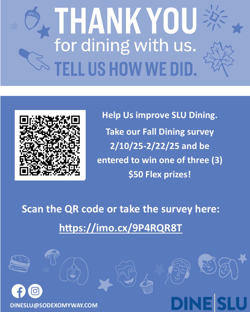 Hey! Have you taken our survey? You have 2 days left to! It'll help us improve dining on campus, plus, you could win a $50 flex gift card! Check the link in our bio, or scan the QR code on this post right here.