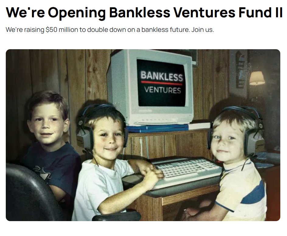 David Hoffman (@trustlessstate) on Twitter photo We are launching <a href="/BanklessVC/">BanklessVC</a> Fund II ‼
When Ryan, Ben, and I launched BVC, we had to check 4 boxes:
- Can we get into the right deals?
- Can we deliver value to our portcos?
- Can we keep nailing hits?
- Can we build the best team?
Now that Bankless Ventures Fund I is 90% We are launching <a href="/BanklessVC/">BanklessVC</a> Fund II ‼
When Ryan, Ben, and I launched BVC, we had to check 4 boxes:
- Can we get into the right deals?
- Can we deliver value to our portcos?
- Can we keep nailing hits?
- Can we build the best team?
Now that Bankless Ventures Fund I is 90%
