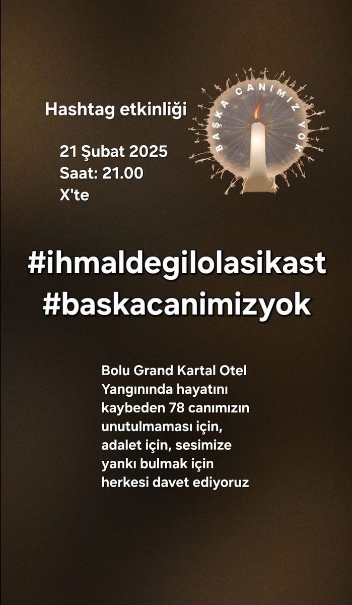 Kartalkaya Grand Kartal Otel’de yitirdiğimiz değerli canlarımız için adalet arayışımız devam ediyor.
Felaketin birinci ayında yarın saat 21:00’de  #ihmaldegilolasikast ve #baskacanimizyok hashtagleri ile Twitter’da buluşuyoruz.
Desteklerimiz aileler için çok kıymetli.