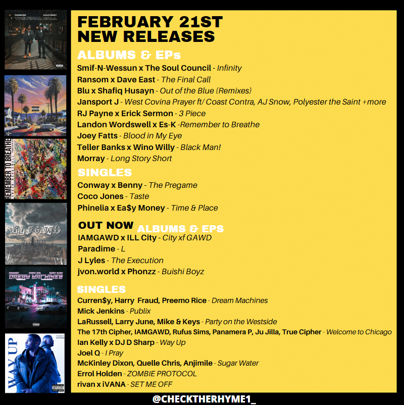 This week's new drops

Smif-N-Wessum x The Soul Council
IAMGAWD x ILL City
Conway x Benny
Currensy, Harry Fraud, Premo Rice
Ransom x Dave East
Mick Jenkins
LaRussell, Larry June, Mike &amp; Keys
Jansport J
RJ Payne x Erick Sermon
Joey Fatts
Coco Jones
Ian Kelly x DJ D Sharp
Joel Q