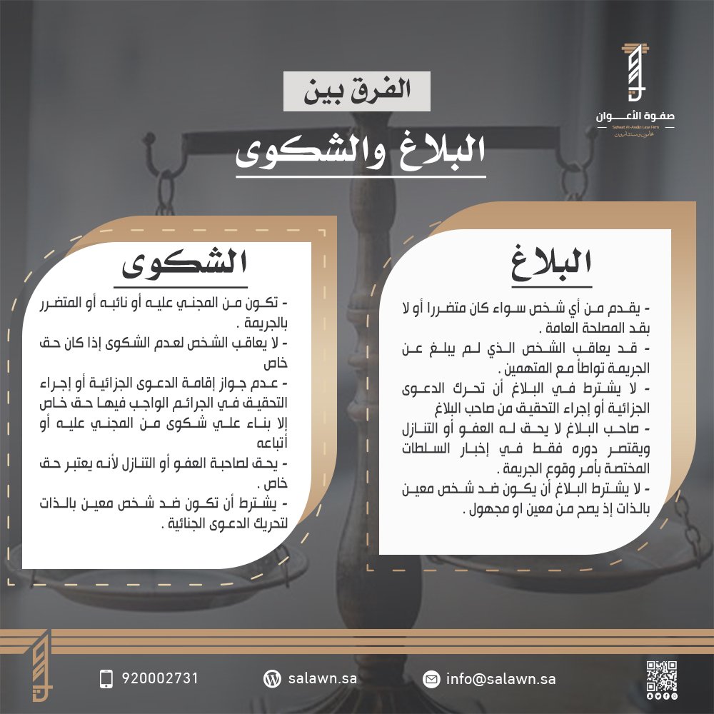 📍الفـرق بيـن
البلاغ والشكوى 👇

#صفوة_الأعوان_للمحاماة
#ثقافة_قانونية