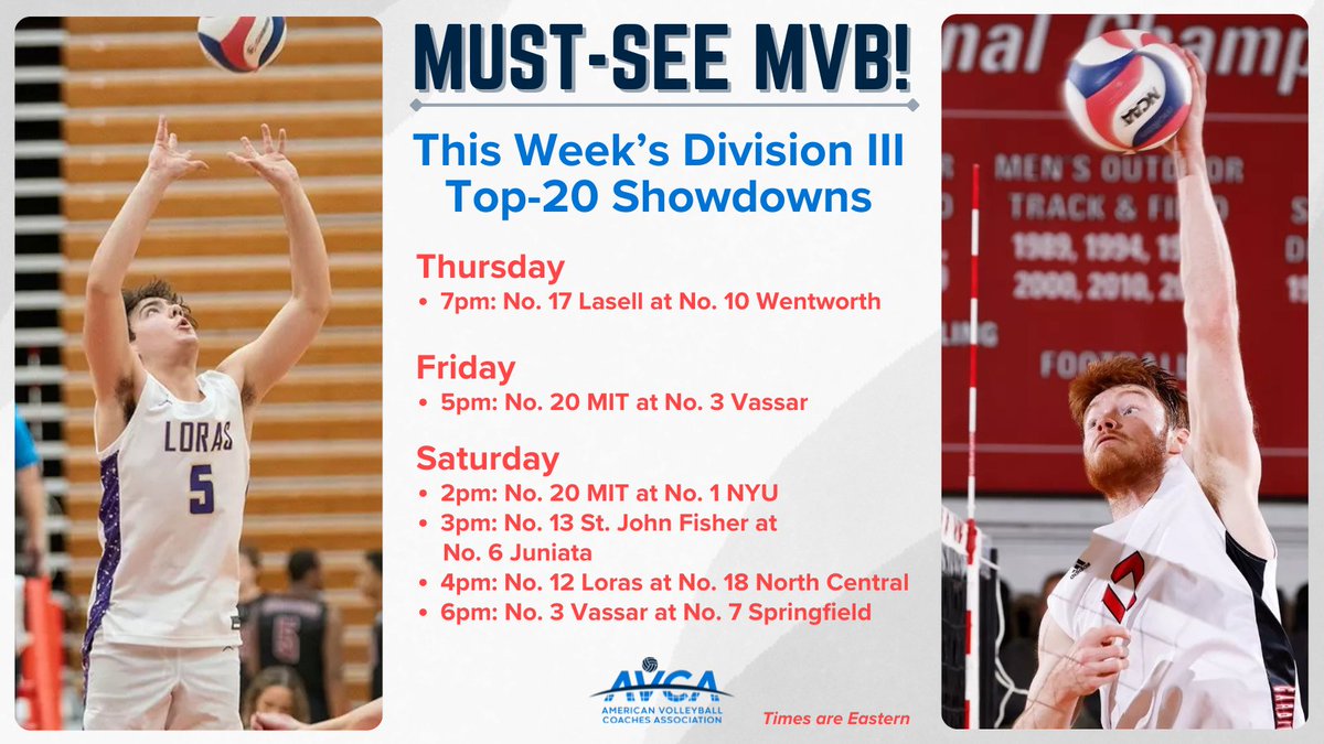 AVCAVolleyball's tweet image. There is no shortage of A-list Division III men’s volleyball matches coming up this weekend. The schedule includes six contests featuring top-20 teams.
avca.org/news-events/vo…
#WeAreAVCA #NCAAMVB
