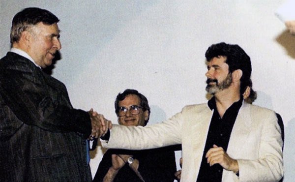 The only known photo of Star Wars creator George Lucas meeting Star Trek creator Gene Roddenberry.