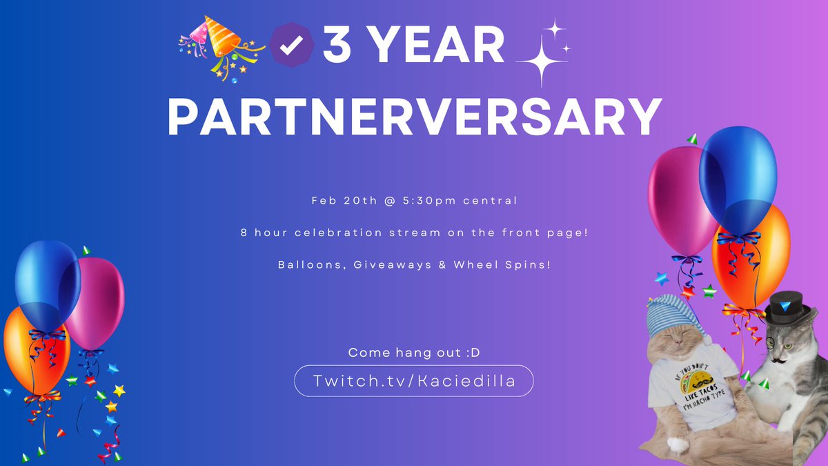 Exciting news! 🎉 We’re celebrating 3 incredible years of Twitch partnership LIVE on the front page today at 5:30 PM central! 🥳 

Let’s celebrate together and make this moment one to remember! 💜