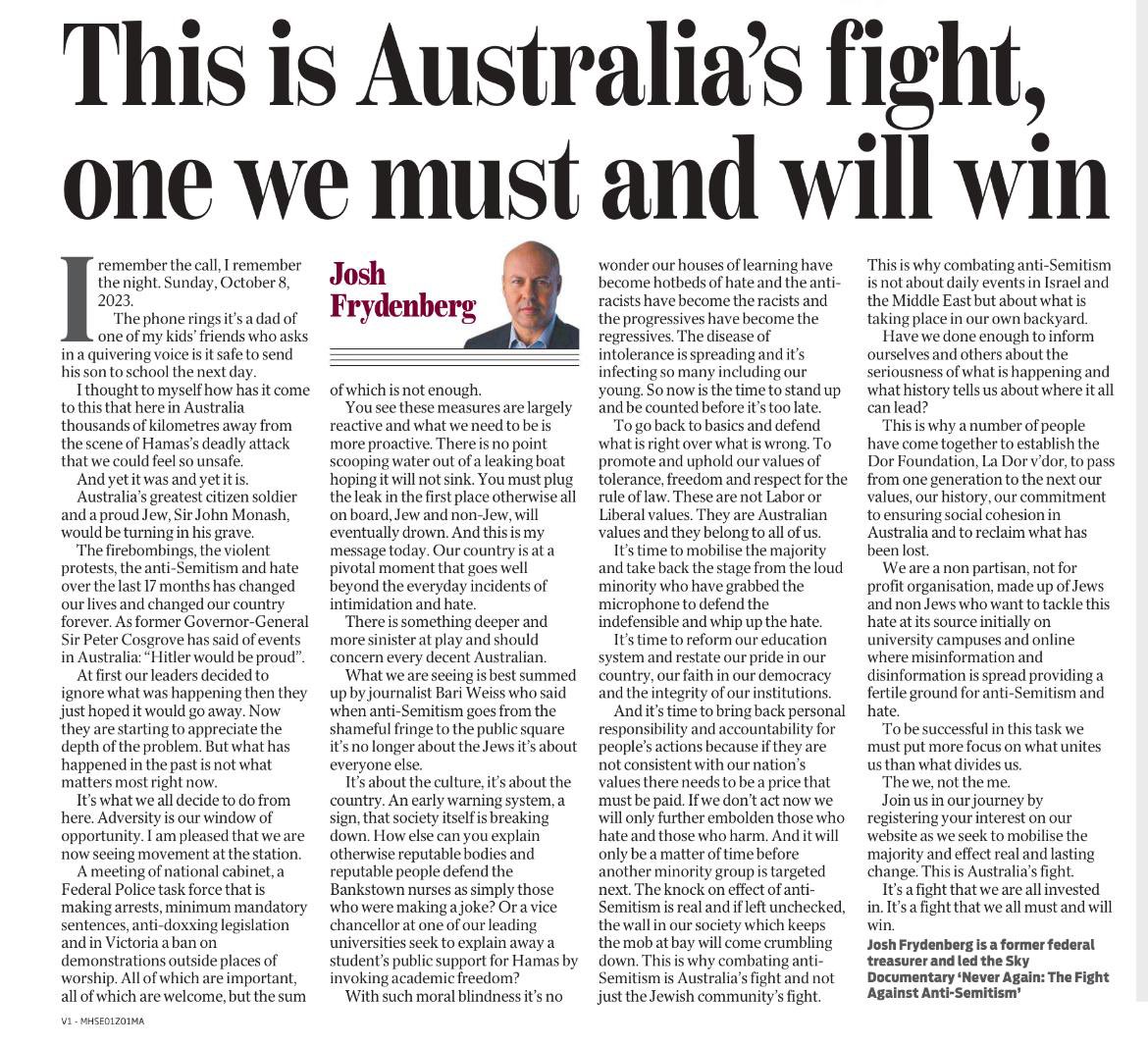 Josh Frydenberg (@joshfrydenberg) on Twitter photo It was a privilege to speak at <a href="/SkyNewsAust/">Sky News Australia</a> Antisemitism Summit. It’s time to mobilise the majority & take back the stage from the loud minority who have grabbed the microphone to defend the indefensible & whip up the hate. This is Australia’s fight.
Extract of my speech here⬇️ It was a privilege to speak at <a href="/SkyNewsAust/">Sky News Australia</a> Antisemitism Summit. It’s time to mobilise the majority & take back the stage from the loud minority who have grabbed the microphone to defend the indefensible & whip up the hate. This is Australia’s fight.
Extract of my speech here⬇️