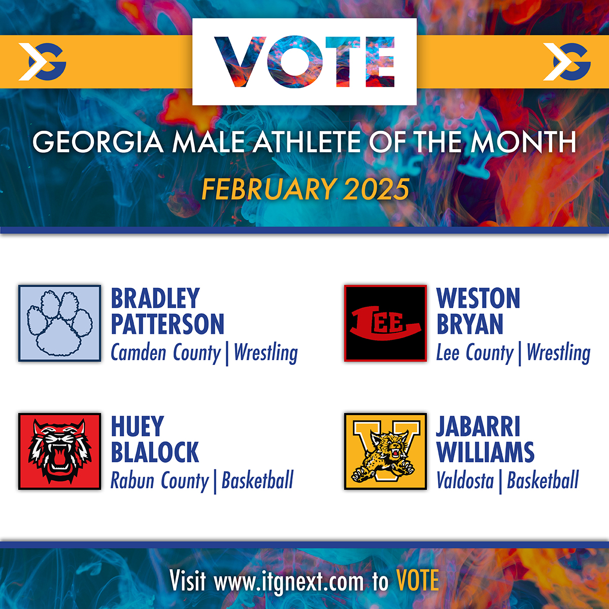 ITG Next - Georgia (@itgnext_georgia) on Twitter photo Who will be our February 2025 Georgia High School Male Athlete of the Month?
🗳️ Click or tap here to cast your vote to help decide the winner: itgnext.com/vote-itg-next-…
- <a href="/camdenwrestling/">Camden Wrestling</a>
- <a href="/Westonbryan15/">Weston Bryan</a> <a href="/LCHSTrojans/">LCHS Trojans</a> @leecountyschool <a href="/LeeAthletics1/">LEE ATHLETICS</a>
- <a href="/BlalockHuey/">Huey blalock</a> <a href="/RabunWildcat/">Rabun County MBB</a> Who will be our February 2025 Georgia High School Male Athlete of the Month?
🗳️ Click or tap here to cast your vote to help decide the winner: itgnext.com/vote-itg-next-…
- <a href="/camdenwrestling/">Camden Wrestling</a>
- <a href="/Westonbryan15/">Weston Bryan</a> <a href="/LCHSTrojans/">LCHS Trojans</a> @leecountyschool <a href="/LeeAthletics1/">LEE ATHLETICS</a>
- <a href="/BlalockHuey/">Huey blalock</a> <a href="/RabunWildcat/">Rabun County MBB</a>