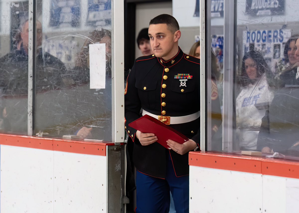 KaraGarrity's tweet image. Staff Sergeant Thomas Sweeney made a special Senior Night appearance to recognize Braintree Hockey's Andrew Gaffney and Matt Kennedy who will both be joining the Marine Corps post graduation.  Congratulations boys!
