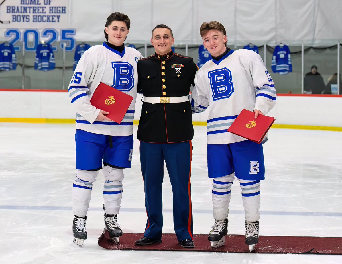 KaraGarrity's tweet image. Staff Sergeant Thomas Sweeney made a special Senior Night appearance to recognize Braintree Hockey's Andrew Gaffney and Matt Kennedy who will both be joining the Marine Corps post graduation.  Congratulations boys!