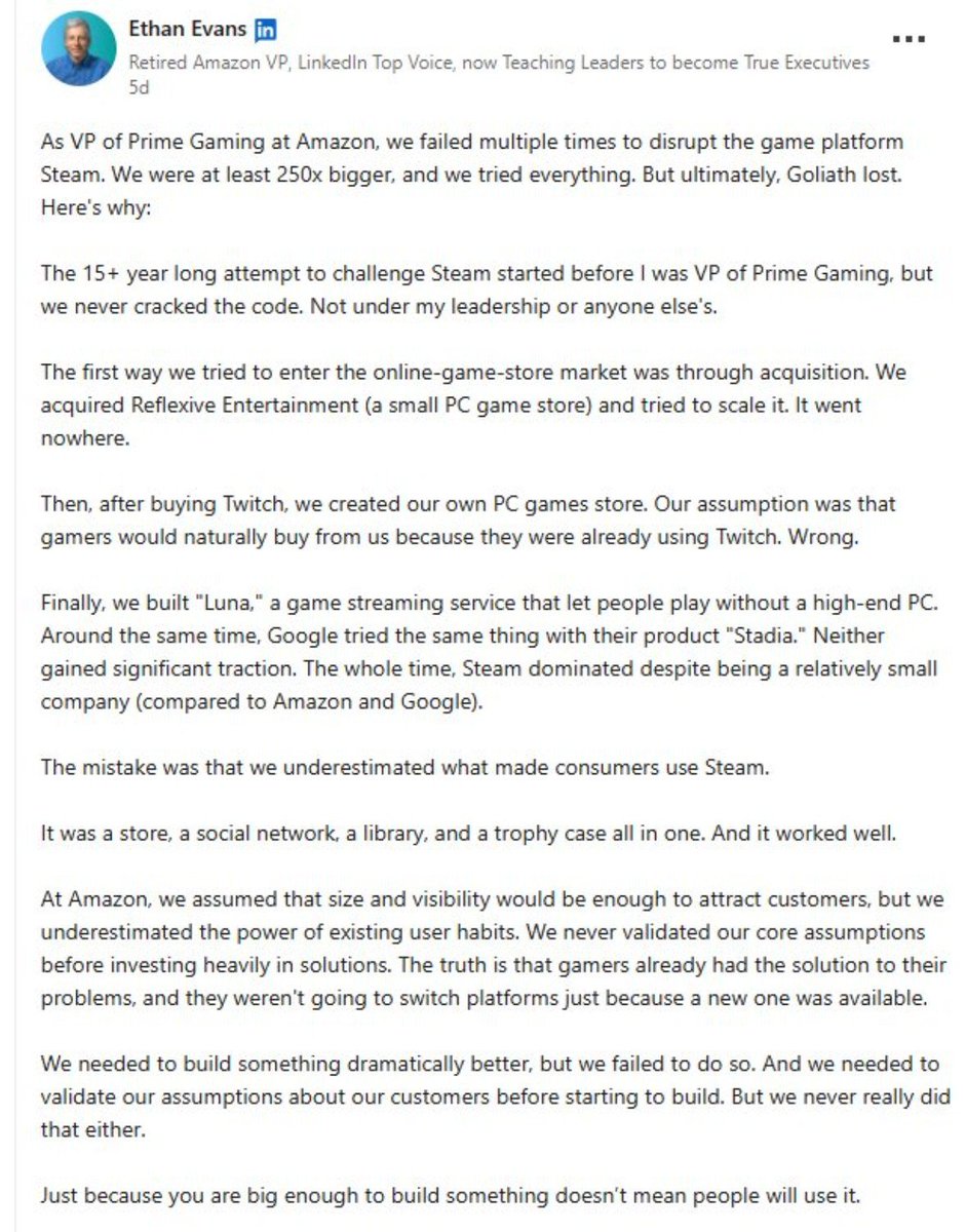 CultureCrave's tweet image. Ex-Amazon Gaming VP said they failed to compete with Steam despite spending loads of time and money

"We were at least 250X bigger ... we tried everything ... but ultimately Goliath lost"