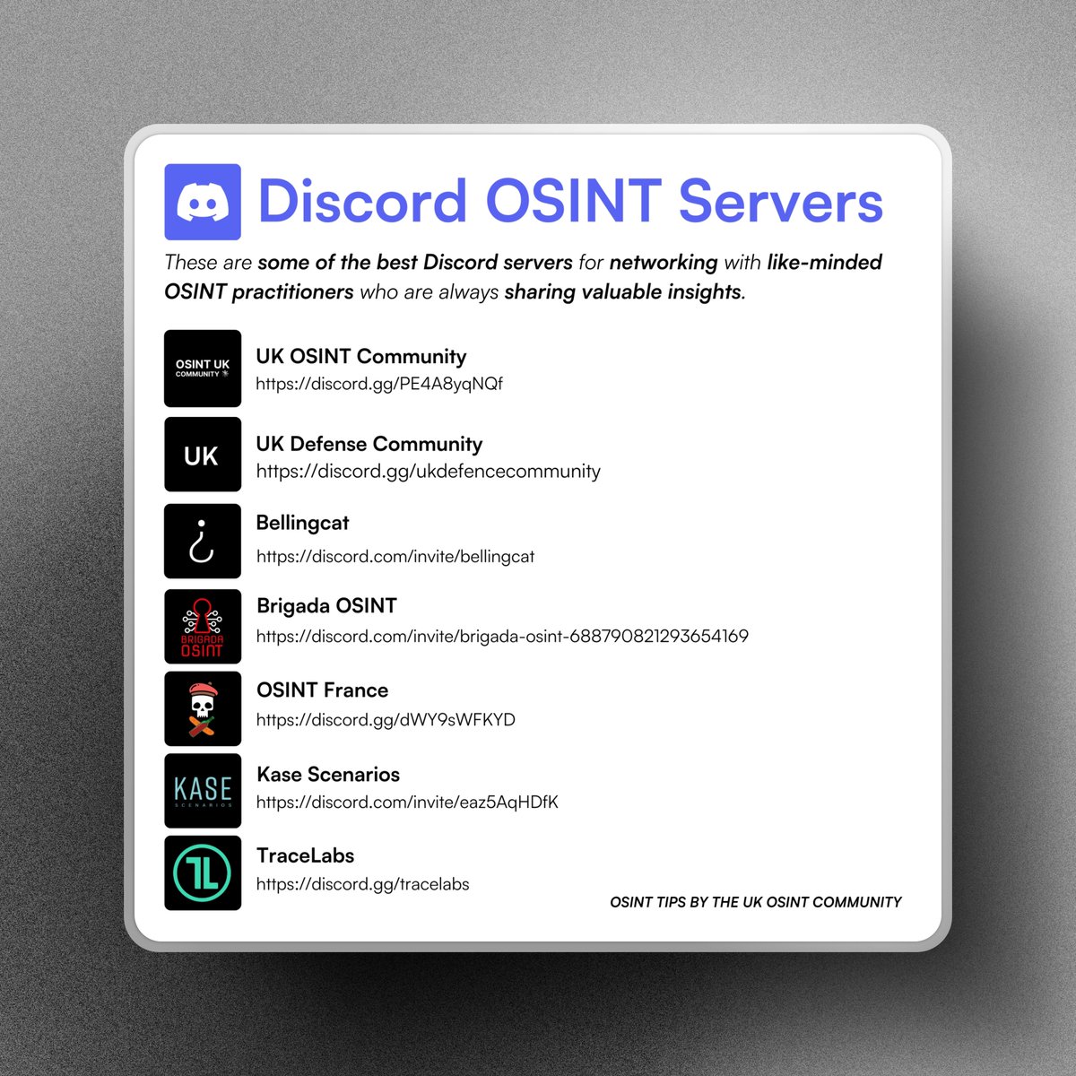 UK OSINT Community (@osint_community) on Twitter photo Discord OSINT Servers | #OSINT Tips
These are some of the best Discord servers for networking with like-minded OSINT practitioners who are always sharing valuable insights.
✍️ This post was written by <a href="/AccessOSINT/">Joshua Richards</a>, follow him for more OSINT insights.
❗Join the UK OSINT Discord OSINT Servers | #OSINT Tips
These are some of the best Discord servers for networking with like-minded OSINT practitioners who are always sharing valuable insights.
✍️ This post was written by <a href="/AccessOSINT/">Joshua Richards</a>, follow him for more OSINT insights.
❗Join the UK OSINT