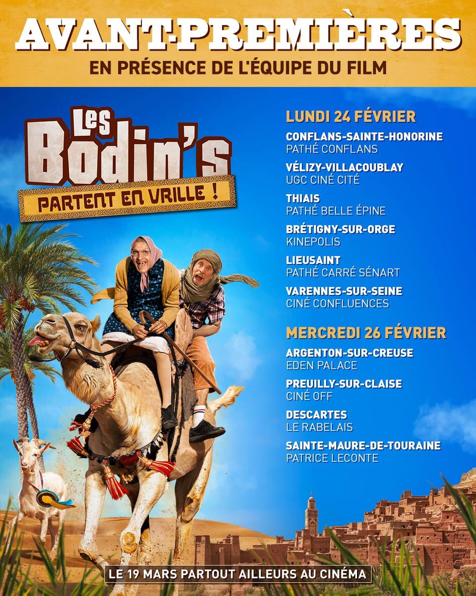 Notre tournée continue ! 🐪
Découvrez #LesBodinsPartentEnVrille en avant-première et en présence de l’équipe du film, dans un cinéma près de chez vous ! 🍿
👉 Trouvez votre séance : lesbodinspartentenvrille-lefilm.com
#LesBodins