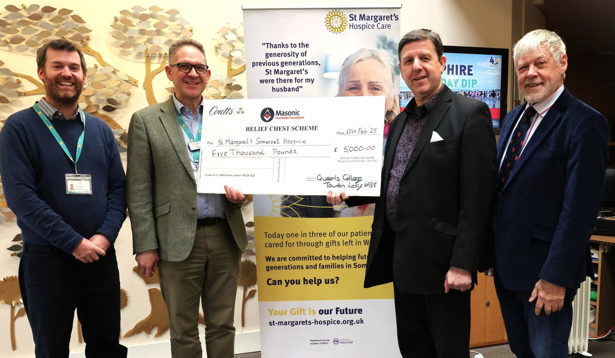 QUEENS COLLEGE LODGE (@queens6988) on Twitter photo St Margaret’s Hospice receives £5000 from
Jonathan Dolling Wm Queen’s College 6988 to James Rimmer, Hospice CEO. Inc £500 from <a href="/PGLSomerset/">Somerset Freemasons</a>. L-R, David Jones, Fundraiser and J Rimmer, CEO; J Dolling, Wm Queen’s College Lodge; with Jim Wiltshire, Queen’s Lodge Charity Steward. St Margaret’s Hospice receives £5000 from
Jonathan Dolling Wm Queen’s College 6988 to James Rimmer, Hospice CEO. Inc £500 from <a href="/PGLSomerset/">Somerset Freemasons</a>. L-R, David Jones, Fundraiser and J Rimmer, CEO; J Dolling, Wm Queen’s College Lodge; with Jim Wiltshire, Queen’s Lodge Charity Steward.