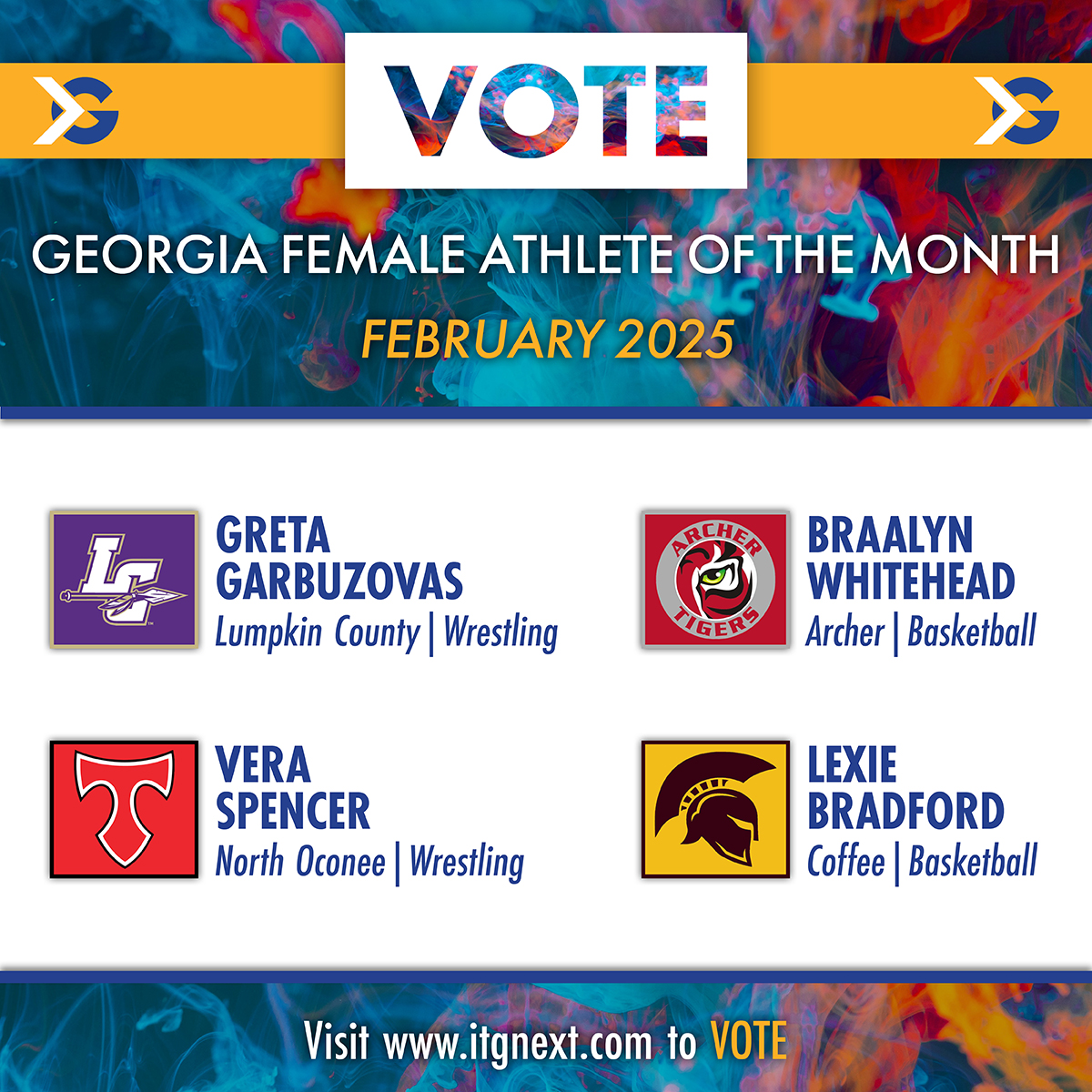 ITG Next - Georgia (@itgnext_georgia) on Twitter photo Who will be our February 2025 Georgia High School Female Athlete of the Month?
🗳️ Click or tap here to cast your vote to help decide the winner: itgnext.com/vote-itg-next-…
- <a href="/BraalynW28/">Braalyn Whitehead</a> <a href="/AthleticsArcher/">ArcherTigersAthletics</a> <a href="/AHSTigersSports/">ArcherAD</a> <a href="/ArcherHSTigers/">Archer High School</a>
- <a href="/lexelibra/">Lexie Bradford</a> <a href="/coffee_schools/">Coffee Schools</a>
- Who will be our February 2025 Georgia High School Female Athlete of the Month?
🗳️ Click or tap here to cast your vote to help decide the winner: itgnext.com/vote-itg-next-…
- <a href="/BraalynW28/">Braalyn Whitehead</a> <a href="/AthleticsArcher/">ArcherTigersAthletics</a> <a href="/AHSTigersSports/">ArcherAD</a> <a href="/ArcherHSTigers/">Archer High School</a>
- <a href="/lexelibra/">Lexie Bradford</a> <a href="/coffee_schools/">Coffee Schools</a>
-