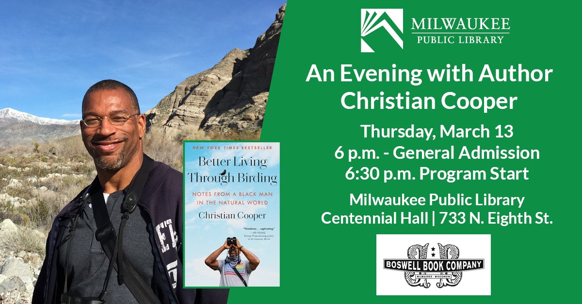 Meet Christian Cooper, a NY Times bestselling author, who will discuss his debut memoir, "Better Living Through Birding." Registration is required at bit.ly/3EWcjKL. Boswell Book Company will be onsite for book sales throughout the event. #BirdWatching #Booksigning