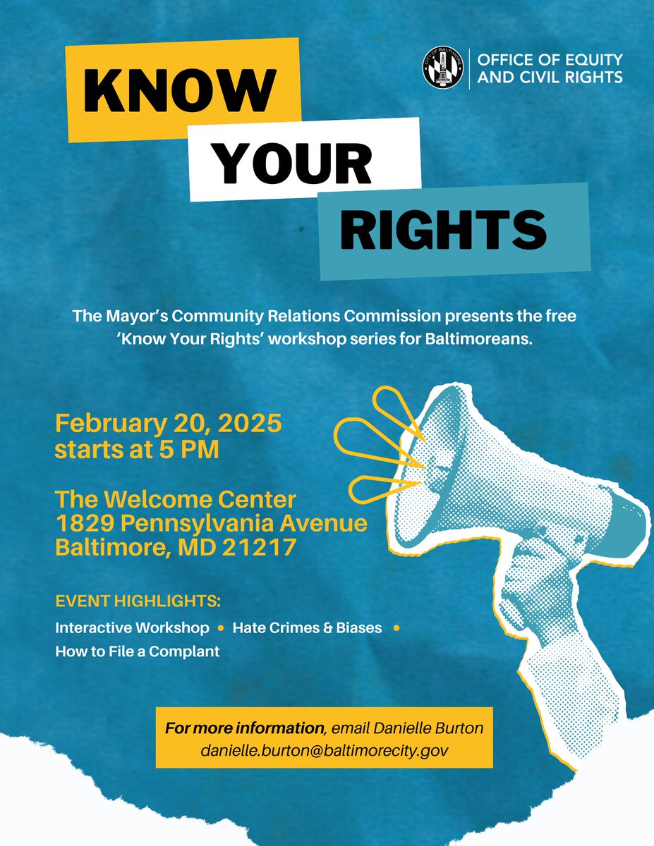 TONIGHT‼️ Join OECR &amp; The Community Relations Commission for our #KnowYourRights FREE workshop!

Learn how to file complaints, report hate crimes, understand types of complaints, and so much more.

🗓️ Thursday, Feb 20
⏰ 6:00pm
—
📍The Welcome Center (1829 Pennsylvania Avenue)