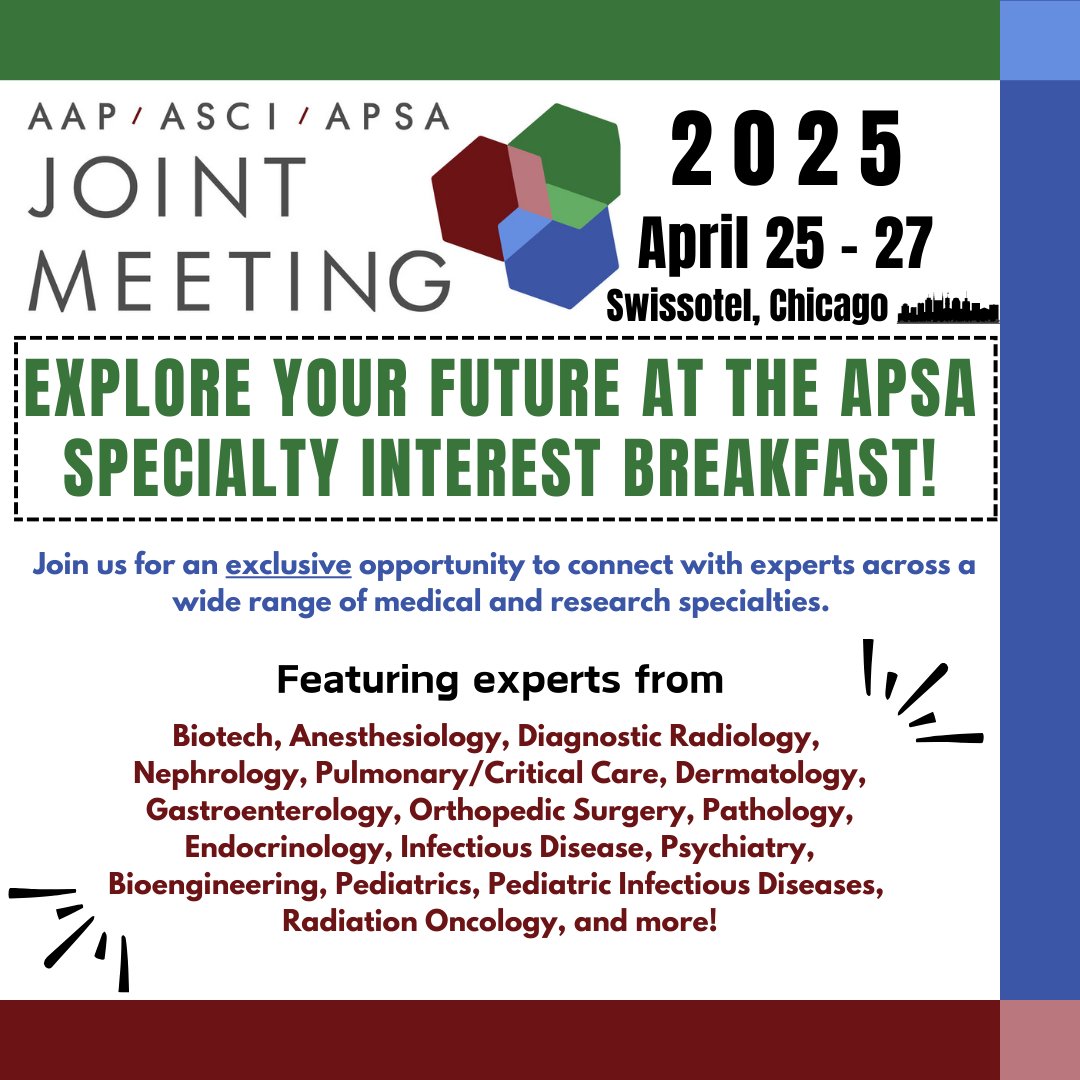 🥞 Explore Your Future at the APSA Specialty Interest Breakfast! ☕🍳

Join #JointMeeting2025 to connect with experts across biotech, surgery, pediatrics, psych, ID &amp; more! 🌟 More specialties coming soon—don’t see yours? Let us know!