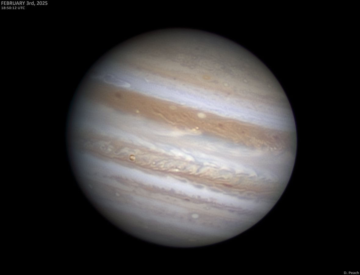 Jupiter on February 3rd. Another image from the 3rd taken earlier in the night when seeing was better.  The mid-SEB outbreak is on view with Io in transit in front of it. One  of the NTBs outbreak sources is visible at upper left. C14 with Saturn M-SQR camera.