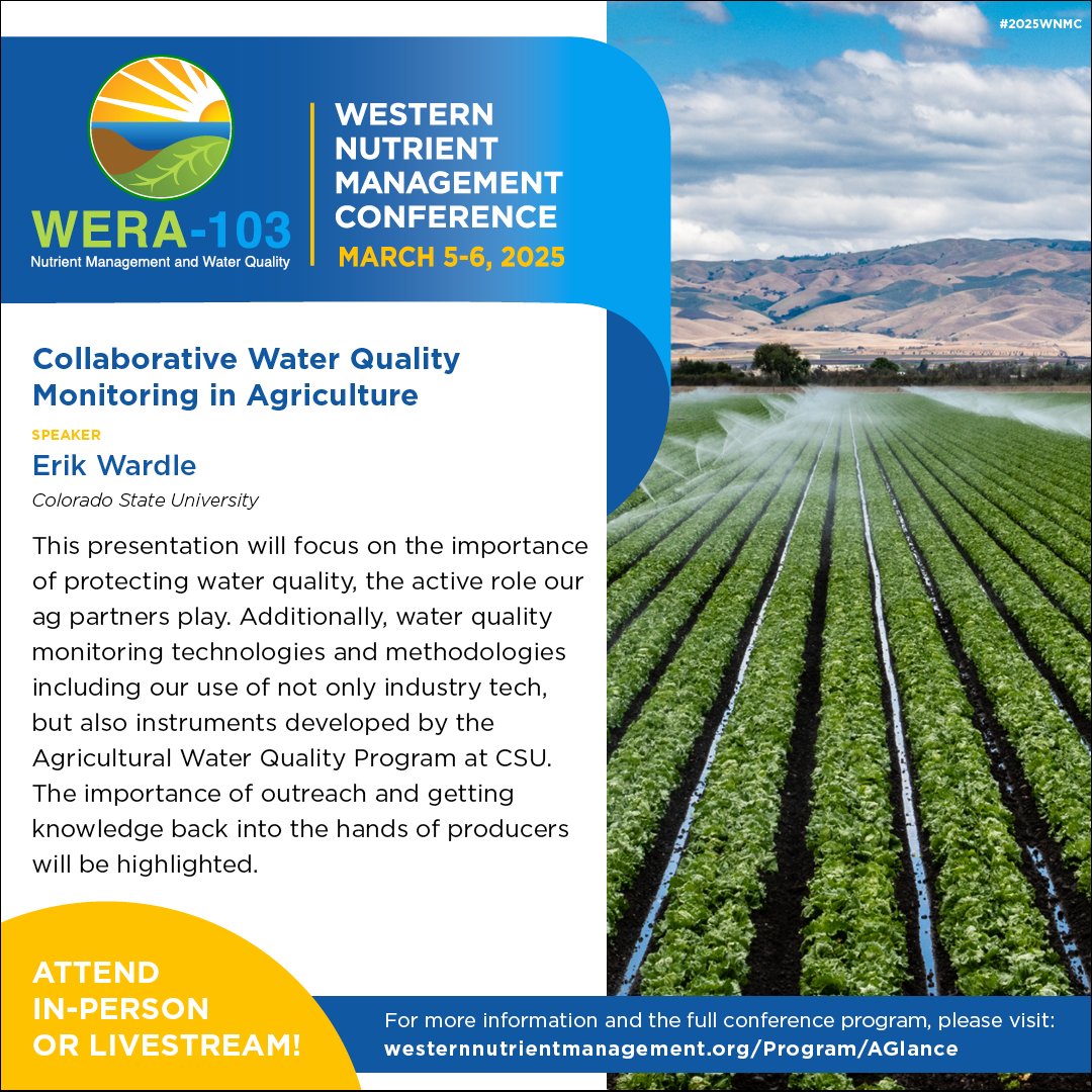 Join us for Erik Wardle’s presentation “Collaborative Water Quality Monitoring in Agriculture” at the 2025 Western Nutrient Management Conference. For more information about Erik’s presentation and the full conference program, please visit: westernnutrientmanagement.org/Program/AGlance #2025WNMC #WNMC
