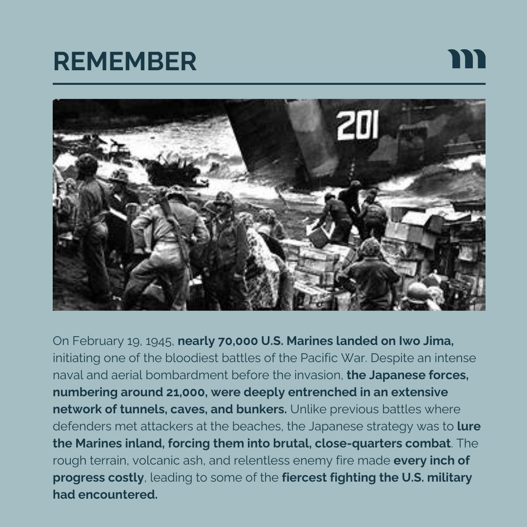 memoryanchorinc's tweet photo. The Battle of Iwo Jima (Feb 19-Mar 26, 1945) was one of WWII’s bloodiest fights. The U.S. Marines faced brutal combat. The iconic flag-raising on Feb 23 symbolized resilience, but the battle raged on. A high cost for a critical victory. #WWII https://t.co/wnIMhLYydZ