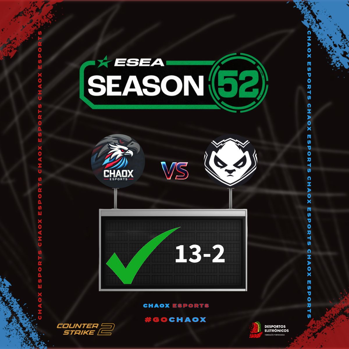 🎮<a href="/ESEA/">ESEA League</a> Season 52 Intermediate 🎮 

✅ 13-2🆚 @PandariceSports

🤝 #GOCHAOX

<a href="/Harpyj5/">DGK Harpyj</a> @daniel_cam17194 <a href="/FTKFeNix/">João Sousa</a> <a href="/Ftu666/">Gui.</a> @TURCOSTYLE <a href="/lyrezcs2/">lyrez</a> <a href="/TBorrachao/">ToBorrachao</a>

#CS2 #CS2PT #EsportsPortugal #Esports #CounterStrike #chaoxesports #ESEA 
<a href="/fpdeoficial/">Federação Portuguesa de Esports</a>