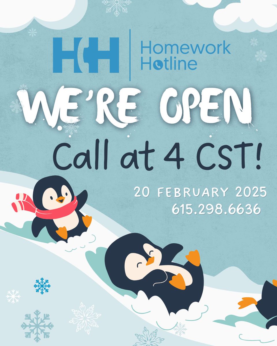 Homework Hotline (@homeworkhelp4tn) on Twitter photo We know it's cold out there and you probably haven't been to school in a couple days. Our teachers are available tonight from 4pm CST to help you get started on that homework that's due tomorrow.
<a href="/MetroSchools/">Metro Schools</a> <a href="/MSCSK12/">Memphis-Shelby Co. Schools</a> We know it's cold out there and you probably haven't been to school in a couple days. Our teachers are available tonight from 4pm CST to help you get started on that homework that's due tomorrow.
<a href="/MetroSchools/">Metro Schools</a> <a href="/MSCSK12/">Memphis-Shelby Co. Schools</a>