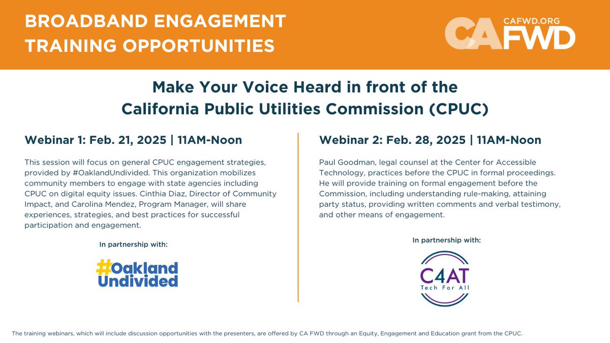 California Forward (@movecafwd) on Twitter photo Join us tomorrow 2/21 at 11am for the first of 2 free webinar trainings on strategies for effectively engaging with the California Public Utilities Commission (CPUC) on broadband issues. Tomorrow's webinar is presented by <a href="/OakUndivided/">#OaklandUndivided</a>; register here: docs.google.com/forms/d/e/1FAI⦠Join us tomorrow 2/21 at 11am for the first of 2 free webinar trainings on strategies for effectively engaging with the California Public Utilities Commission (CPUC) on broadband issues. Tomorrow's webinar is presented by <a href="/OakUndivided/">#OaklandUndivided</a>; register here: docs.google.com/forms/d/e/1FAIā¦