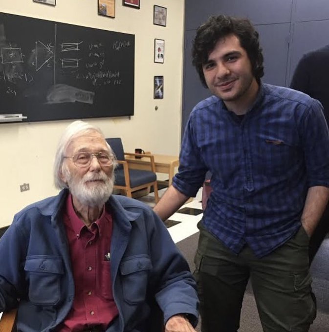 Saman_Habibi_E's tweet image. Today is John Milnor&apos;s 94th birthday. One of the greatest living mathematicians, who won the Fields Medal and Abel Prize. His discovery of 7-dimensional exotic spheres is among most notable mathematical breakthroughs. Here’s a photo of John and me from 2019.