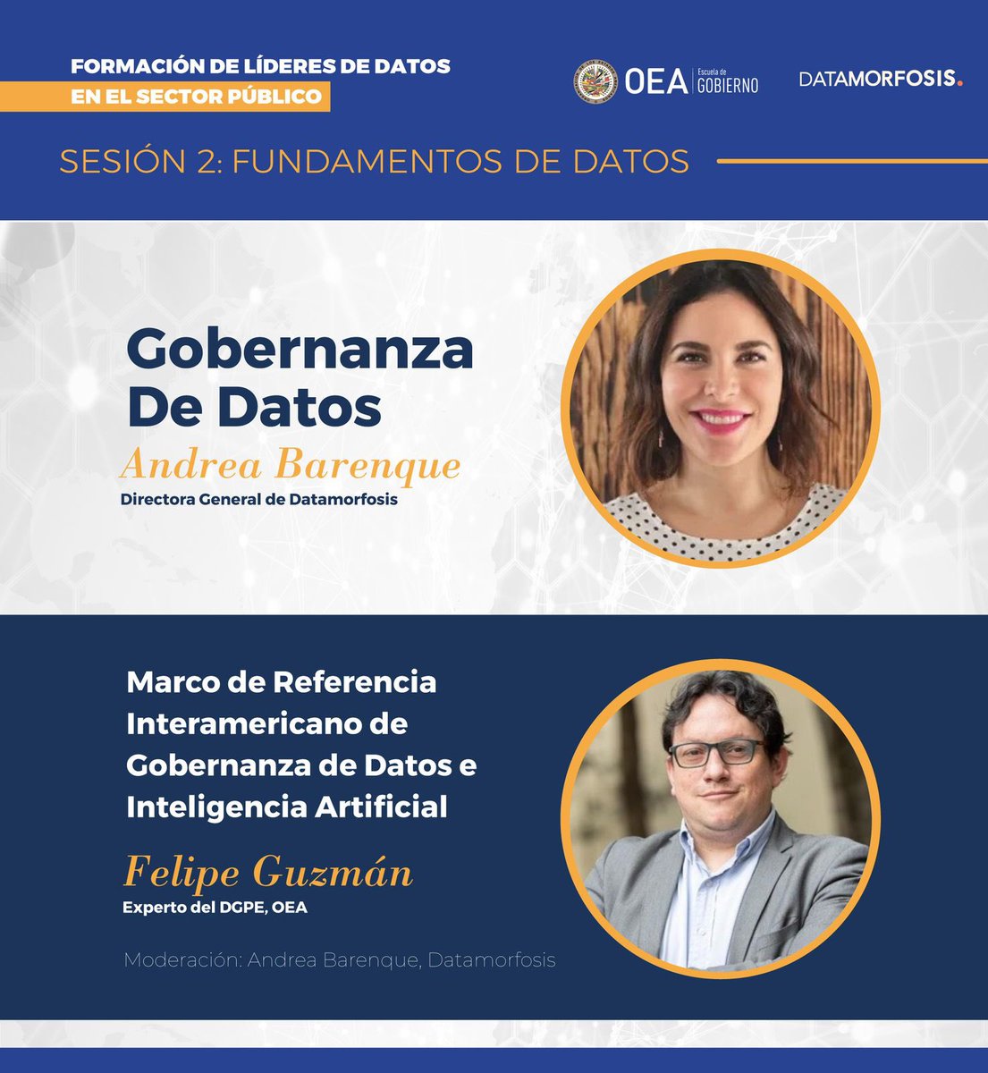 En la 2️⃣da sesión del curso #LíderesDeDatos nos acompañan <a href="/AndreaBque/">Andrea Barenque</a> de <a href="/DatamorfosisMx/">Datamorfosis</a> y Felipe Guzmán de <a href="/OEA_GestionPub/">OEA- Gestión Pública</a> para abordar los elementos y desafíos asociados a la gobernanza de datos, así como los lineamientos regionales en materia de datos e inteligencia artificial