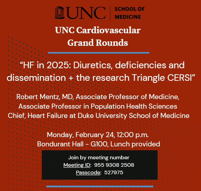 UNC Division of Cardiology (@unccardiology) on Twitter photo Robert Mentz, MD, Associate Professor in Population Health Sciences, and Chief, Heart Failure, at Duke, is our Cardiology Grand Rounds speaker on Monday, February 24. <a href="/UNC_SOM/">UNC School of Medicine</a> <a href="/UNCDeptMedicine/">UNC Department of Medicine</a> <a href="/UNC_Health_Care/">UNC Health</a> #CardioEd
Join from the Zoom meeting link:
go.unc.edu/Nx95M Robert Mentz, MD, Associate Professor in Population Health Sciences, and Chief, Heart Failure, at Duke, is our Cardiology Grand Rounds speaker on Monday, February 24. <a href="/UNC_SOM/">UNC School of Medicine</a> <a href="/UNCDeptMedicine/">UNC Department of Medicine</a> <a href="/UNC_Health_Care/">UNC Health</a> #CardioEd
Join from the Zoom meeting link:
go.unc.edu/Nx95M