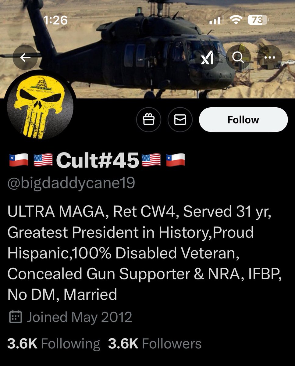 Please give <a href="/bigdaddycane19/">🇨🇱🇺🇸Cult#45🇺🇸🇨🇱</a> a follow and a repost or shoutout to show our gratitude for his service.

Retired Disabled Veteran 

Thank you for your service.  We appreciate you.