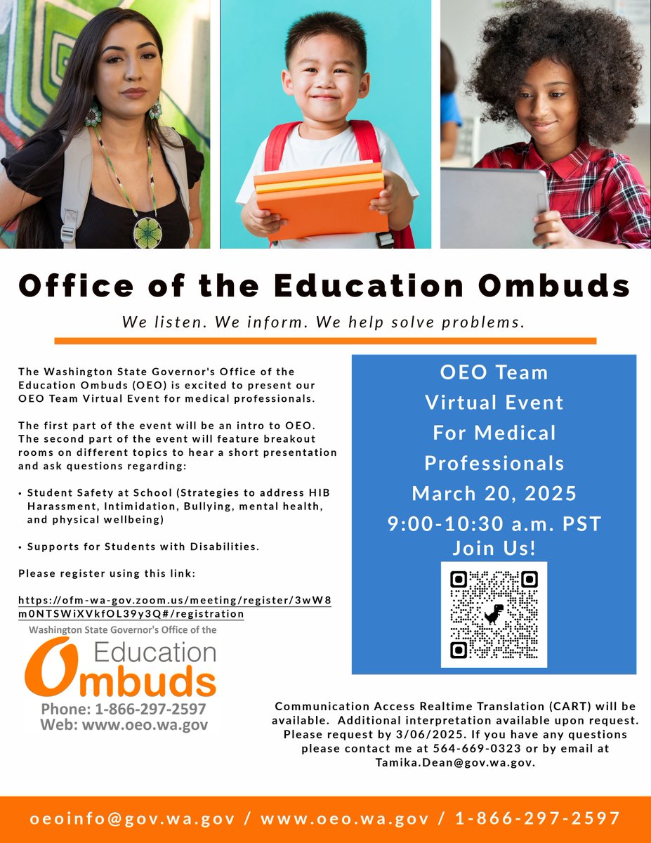 OEO Team Virtual Event For Medical Professionals
March 6, 2025 9:00-10:30 a.m. PST
Register: ofm-wa-gov.zoom.us/meeting/regist…
CART services will be available. Interpretation available upon request (please request by March 6, 2025). Contact: 564-669-0323 or by email tamika.dean@gov.wa.gov.