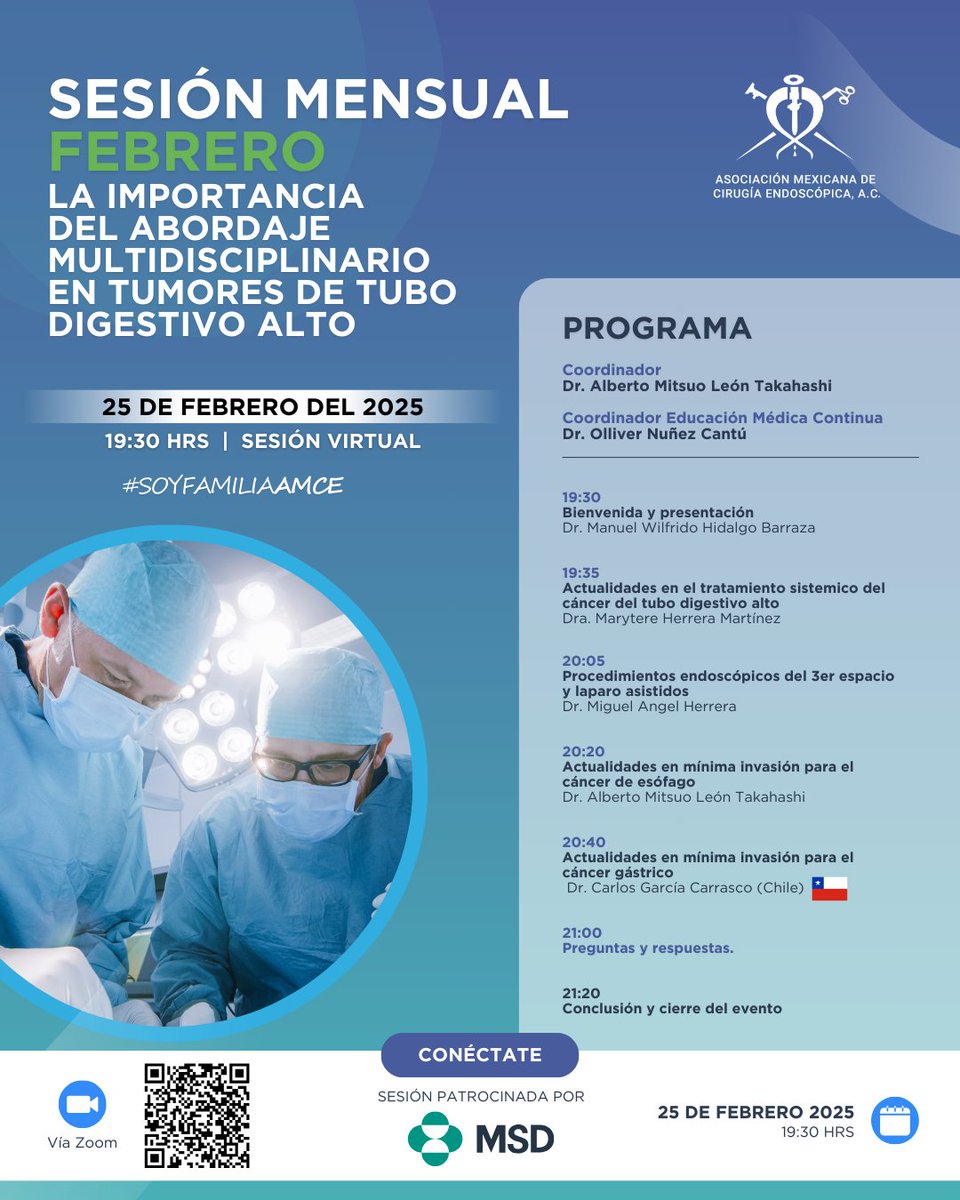 Este próximo 25 de febrero, conéctate a nuestra Sesión Mensual, en esta ocasión abordaremos el tema: "La importancia del abordaje multidisciplinario en tumores de tubo digestivo alto."

🗓 25 de febrero, 19:30 hrs.

🔗 Liga Zoom:
us06web.zoom.us/webinar/regist…