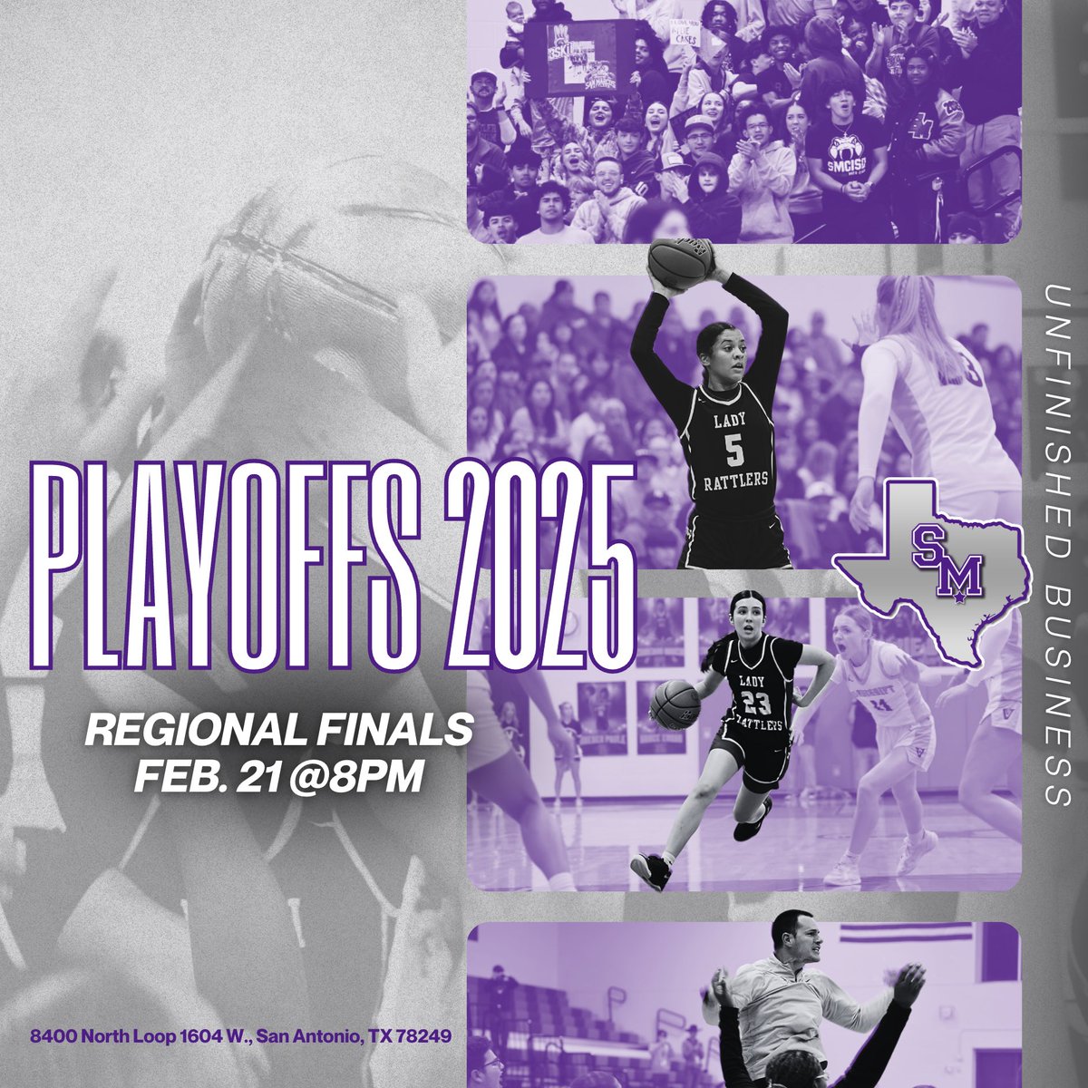 Our SMHS Lady Rattlers will take on the Churchill Chargers in the 6A DII Regional Final Playoff Game on Friday, Feb. 21 at 8 PM.

Tickets via northsideisd.hometownticketing.com/embed/event/16…