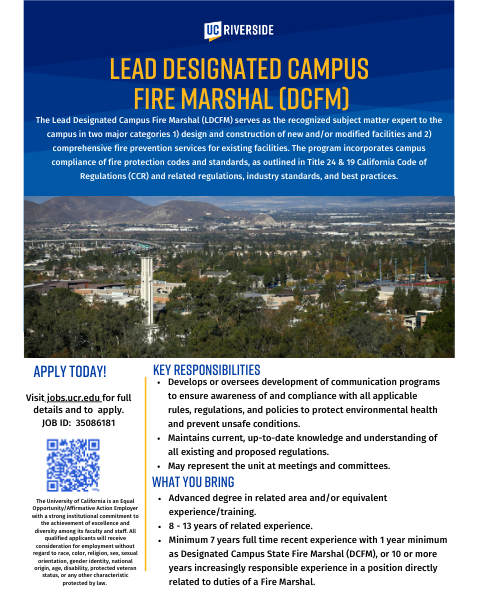 Now Hiring!  UCR is looking for a Lead Designated Campus Fire Marshal (DCFM).

jobsportal.ucr.edu/jobs/35086181

#ucr #ucrjobs #universityjobs #campusfiresafety #marshal
