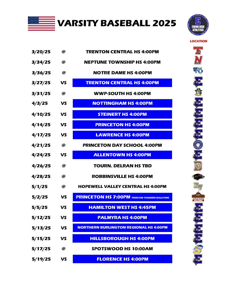 Our 2025 <a href="/EwingBaseball/">Ewing High Baseball</a> schedule has been posted. Looking forward to a big senior season. Let's go!!  #EwingHighSchool #NJSIAA #ColonialValleyConference #NJHighSchoolBaseball #MercerCounty #EwingNJ <a href="/Fulldepth1/">The Yard Baseball</a>