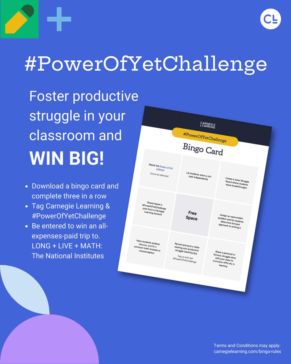 💪 We challenge YOU to supercharge the power of #ProductiveStruggle in your math classroom to win an all-expenses paid trip to #TNI2025! ✈️

⬇️ Download a bingo card
✅ Complete three in a row
🤳 Post it and tag us + #PowerOfYetChallenge

🔗 Card + rules: bit.ly/4b774nL