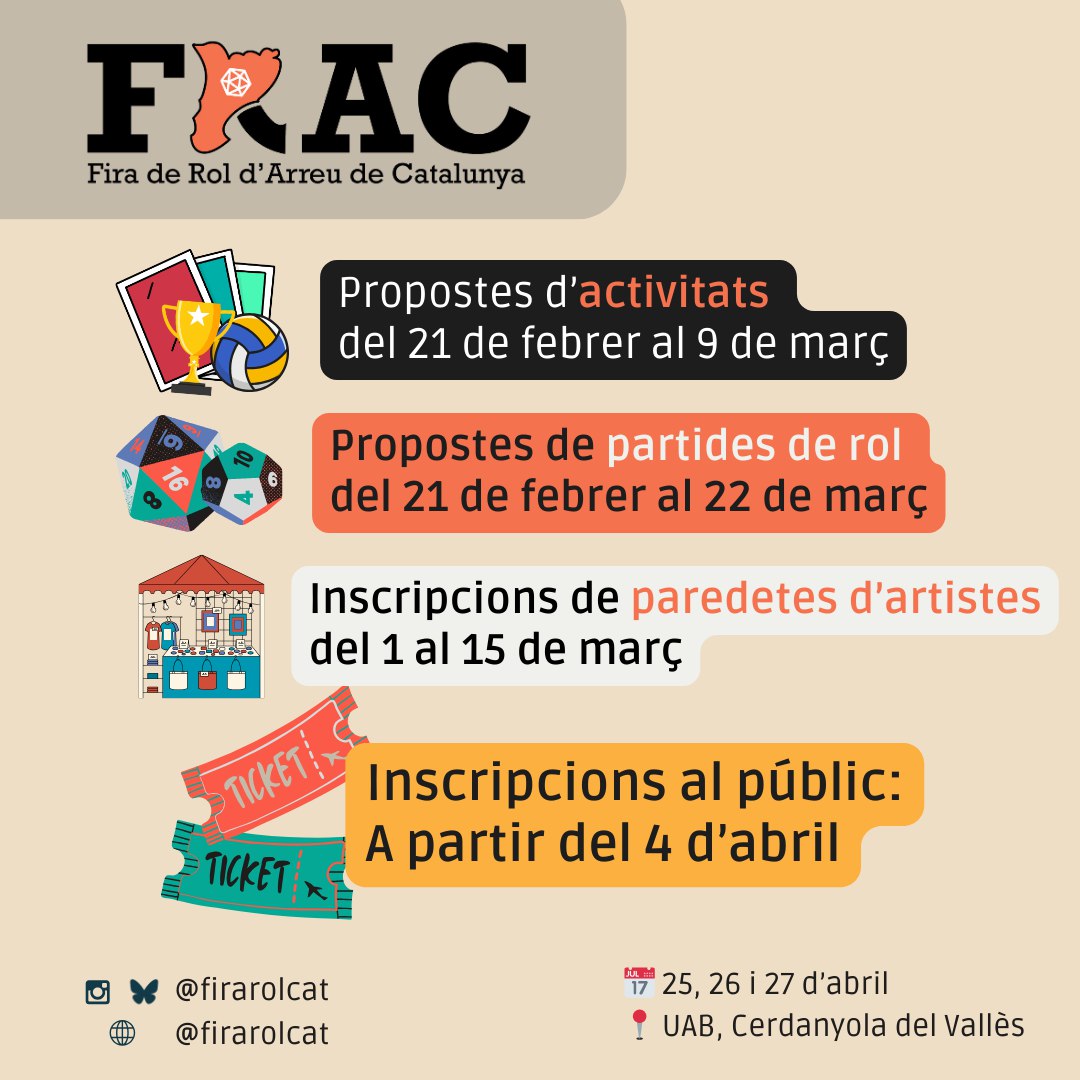 firarolcat's tweet photo. Comencem a moure la #firarolcat d'enguany! A partir de demà ja podeu presentar les vostres propostes de #rol, #rolenviu, #xerrades, #tallers, #torneigs o activitats per omplir la #FRAC25! 

Esteu molt atentes a les nostres xarxes i a la web: 
https://t.co/n5IgwfF05C https://t.co/ne6Hzp0ULO