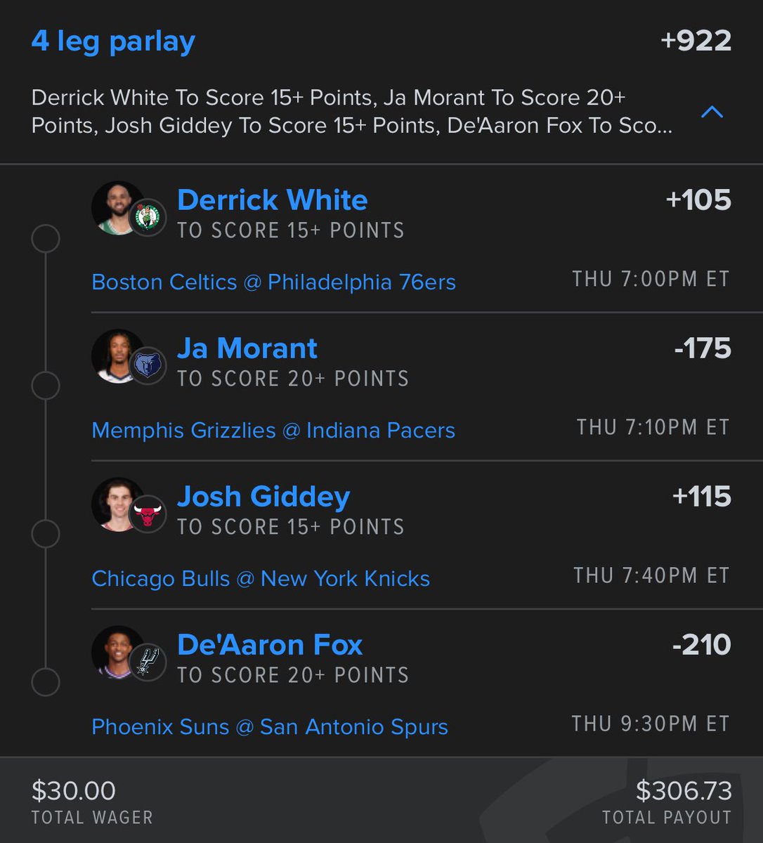 Here’s my +900 NBA points parlay for anyone that missed it last night…

FanDuel bet link: bit.ly/NBAFlyer02-20

✅ White cashed in 7/9 games
✅ Morant cashed in 8/10 with 31+ mins
✅ Giddey cashed in 5/7 vs Knicks
✅ Fox cashed in 7/7 vs Suns

21+, gamble responsibly.